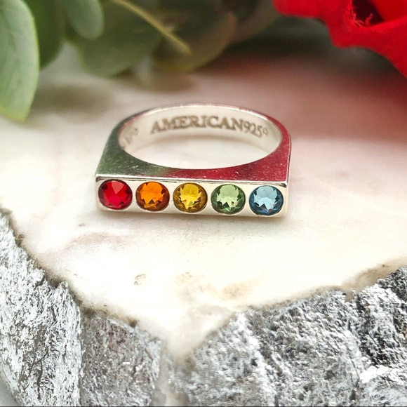 Alex and Ani Jewelry - Alex And Ani Sterling Silver Rainbow Crystal Signet Bar Flat Top Rhinestone Ring